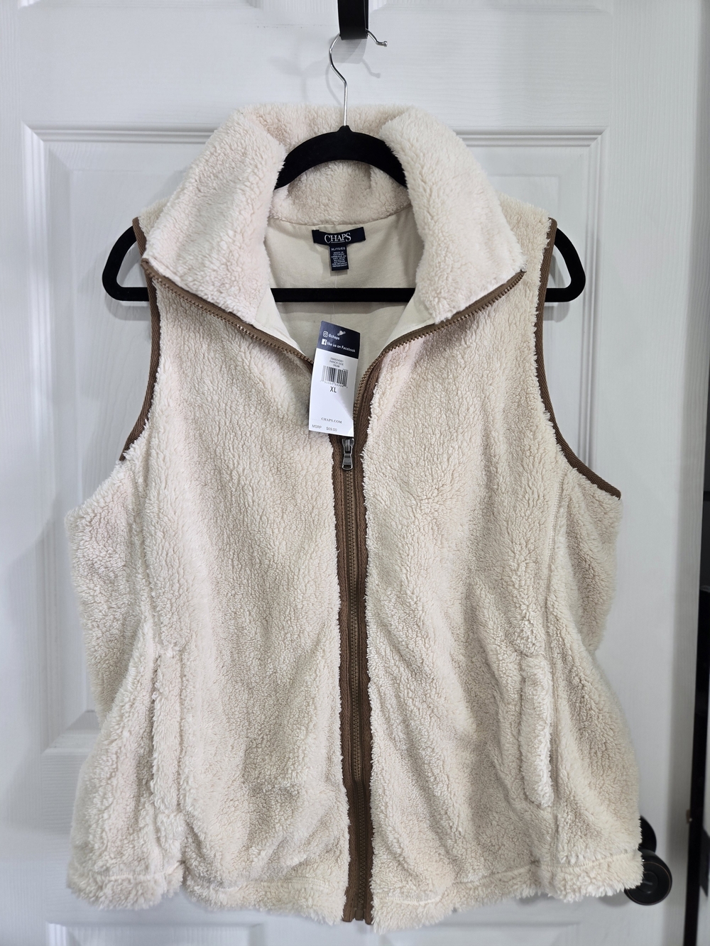 Chaps Cream Sherpa Zip Vest with Brown Trim - Women